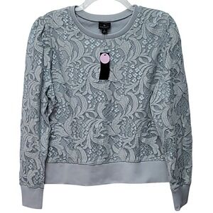 Worthington Gray Overlay Floral Lace Long Sleeve Top L Feminine Dressy Artsy